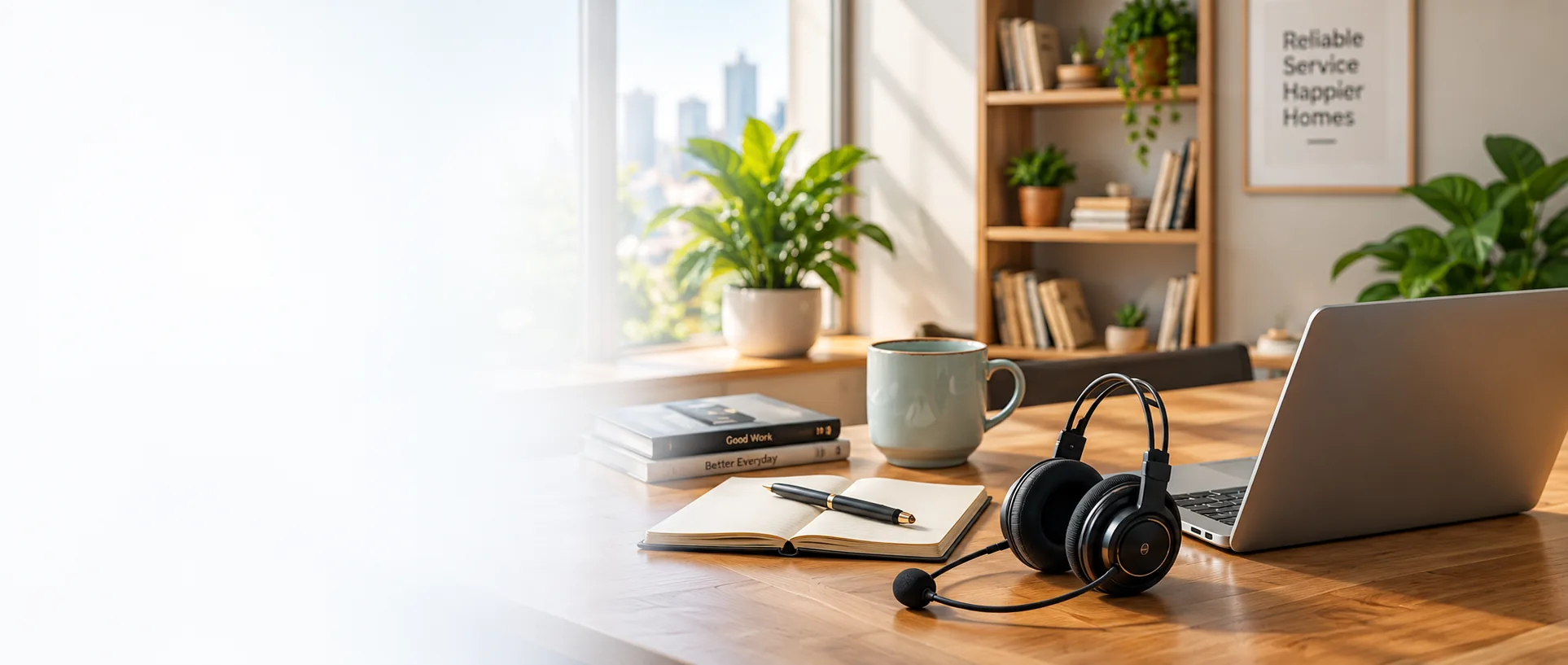 A calm home-office support desk with a laptop and headset