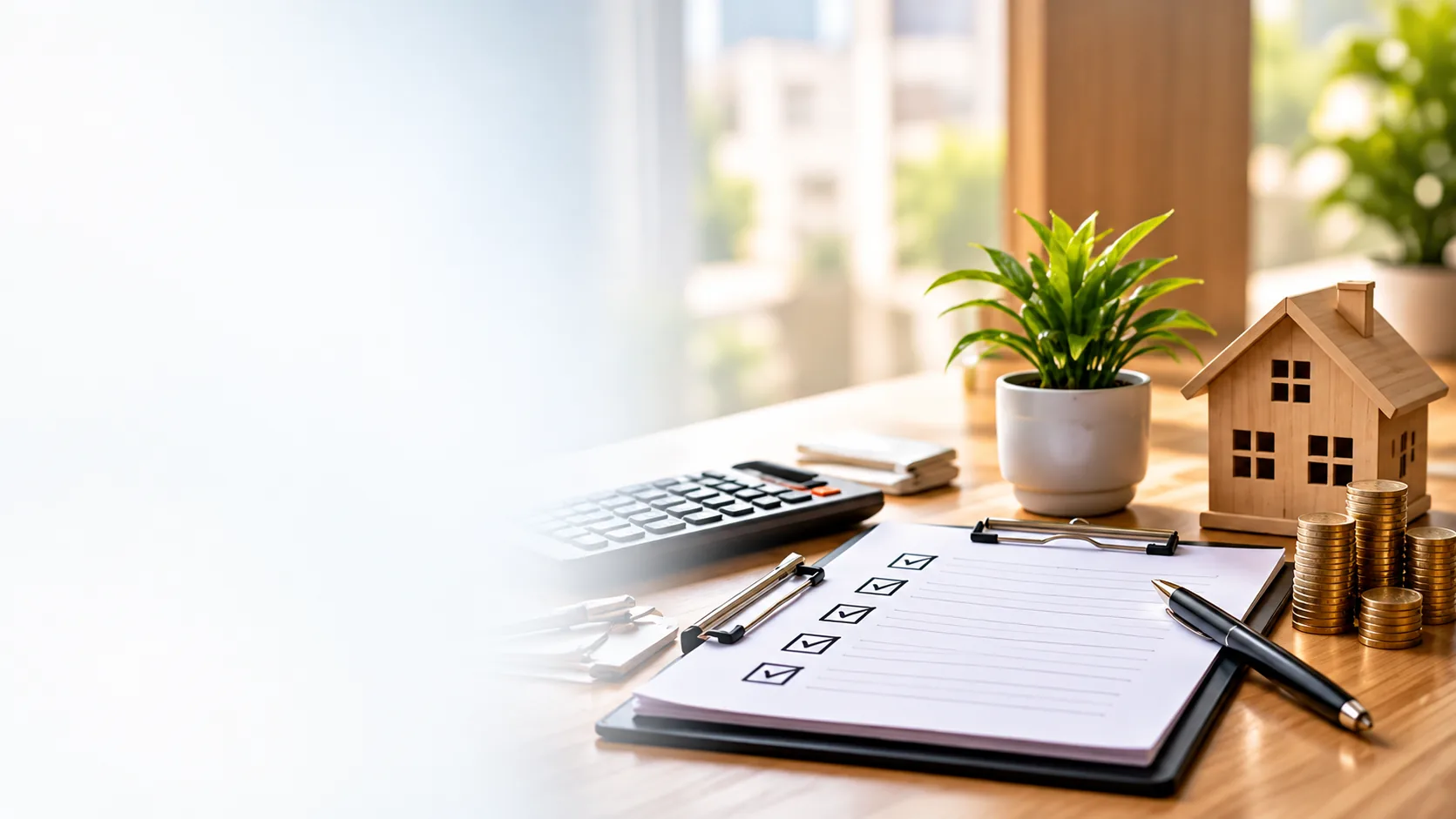 Service planning desk with a checklist, house model and calculator