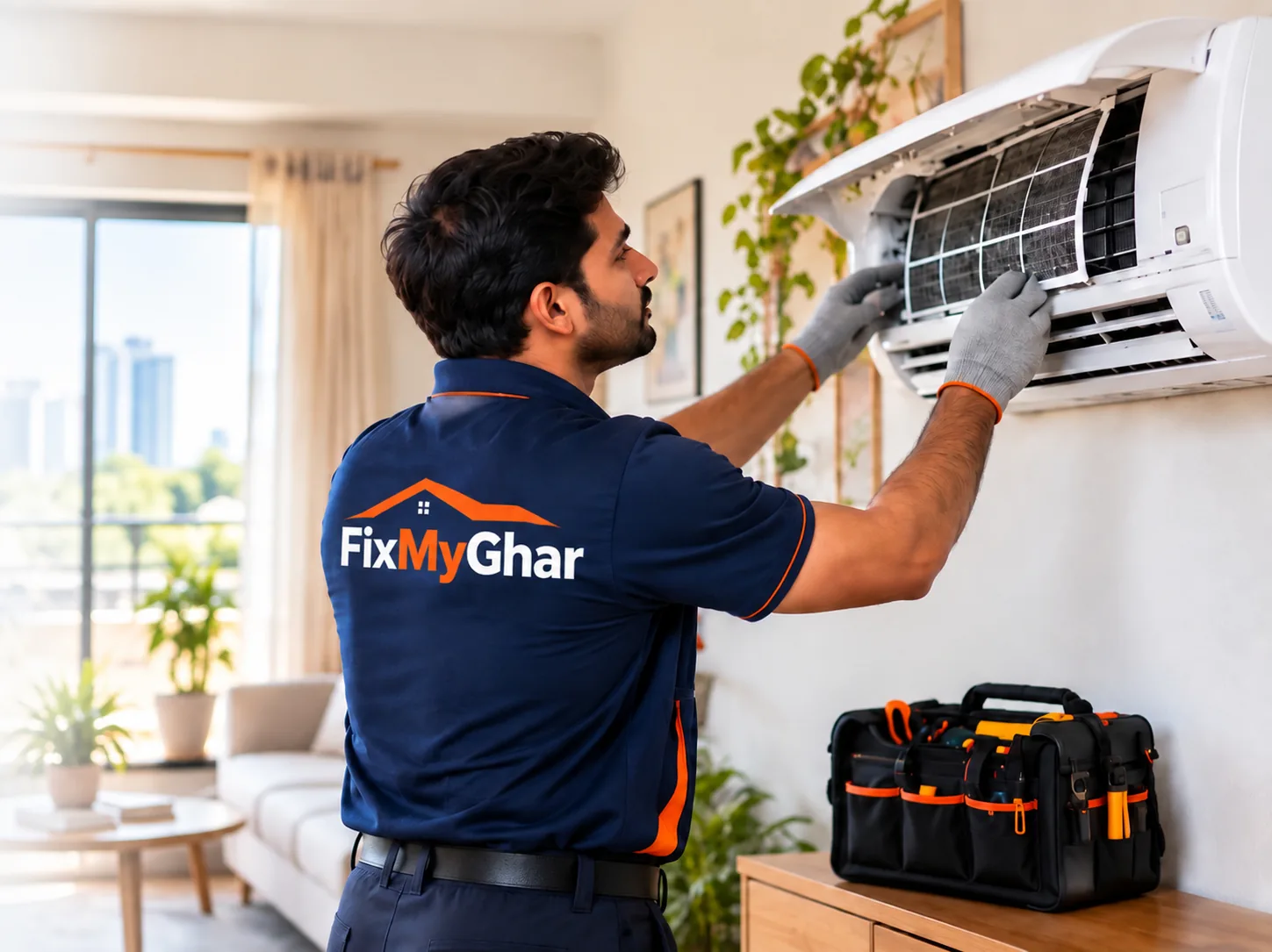 Technician servicing an air conditioner