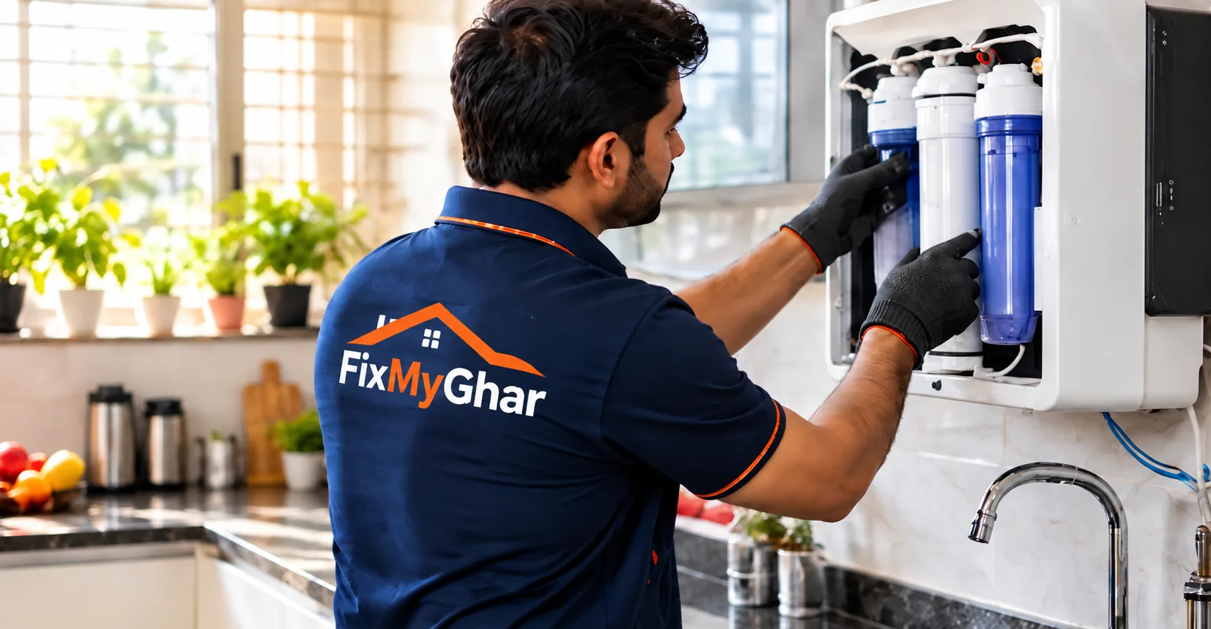 Technician servicing a water purifier