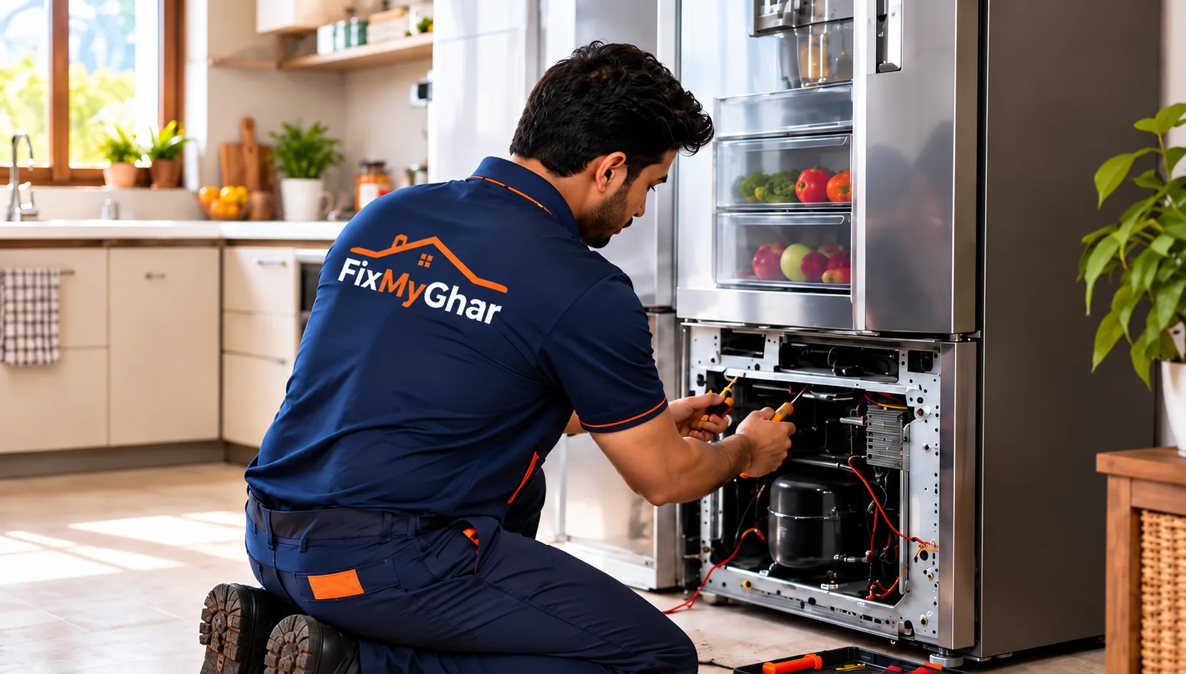 Technician diagnosing a refrigerator